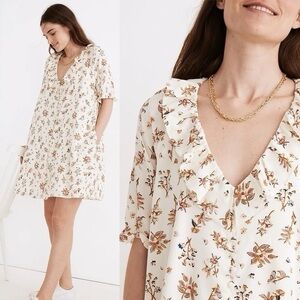 Madewell Cream Floral Ruffle-Trim Dress